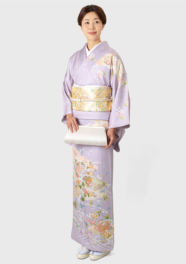 訪問着 薄藤色 雲に扇面四季花文 Wanocoto Mono ワノコトモノ 着物屋くるり 公式通販サイト スタイリッシュな着物と帯のセレクトショップ